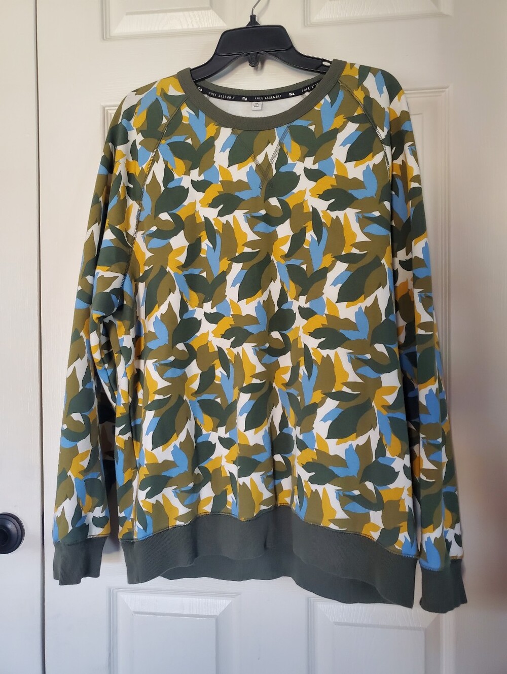 Casual Leaf-Print Crewneck Sweatshirt Olive/Blue/Yellow Preppy‎  Pullover XL